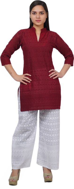 Women Chikan Embroidery Cotton Blend Straight Kurta  (Maroon)