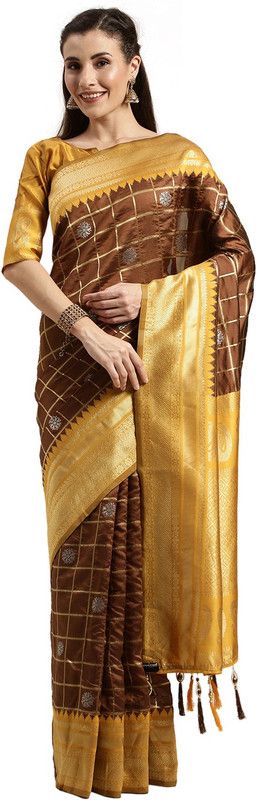 Embroidered Bollywood Jacquard Saree  (Brown)