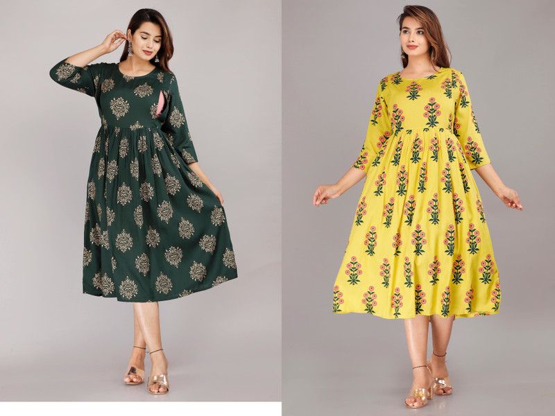 Pack of 2 Women Printed Viscose Rayon Anarkali Kurta  (Green, Yellow)