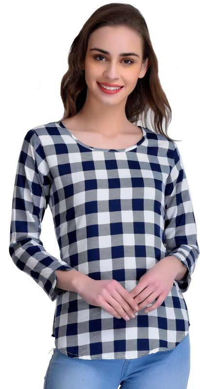 Casual Checkered Women Dark Blue, White Top