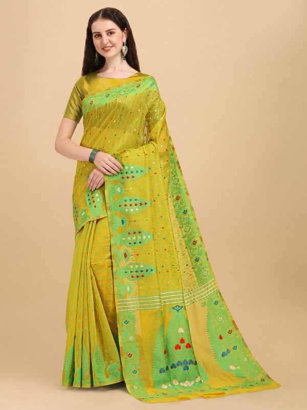 Jamdani Pure Cotton, Cotton Silk Saree  (Yellow)