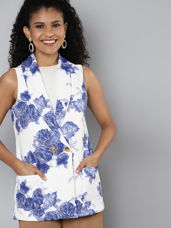 Women Floral Print Double Breasted Casual Blazer  (White)