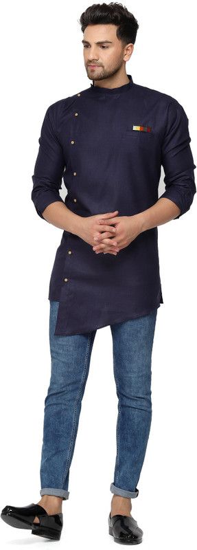 Men Solid Cotton Blend Trail Cut Kurta  (Multicolor, Blue)