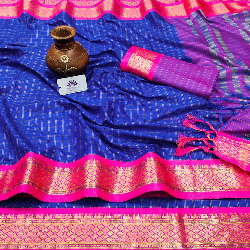 Checkered Banarasi Jacquard, Pure Silk Saree  (Blue)