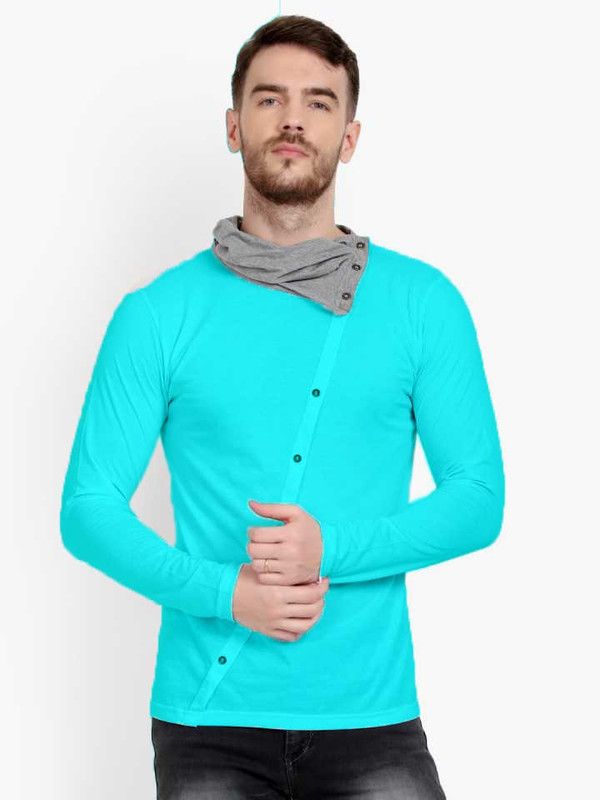 Men Solid Turtle Neck Cotton Blend Light Green T-Shirt