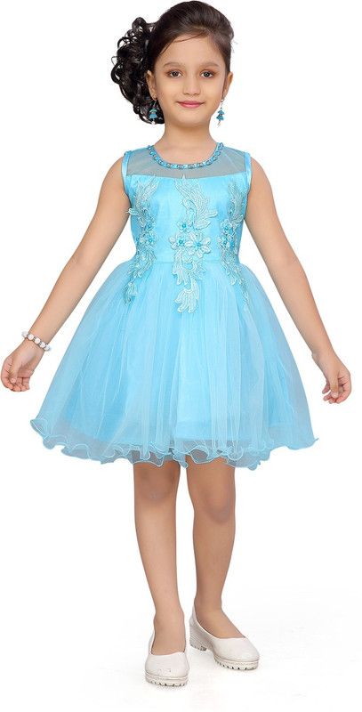 Baby Girls Above Knee Casual Dress  (Light Blue, Sleeveless)