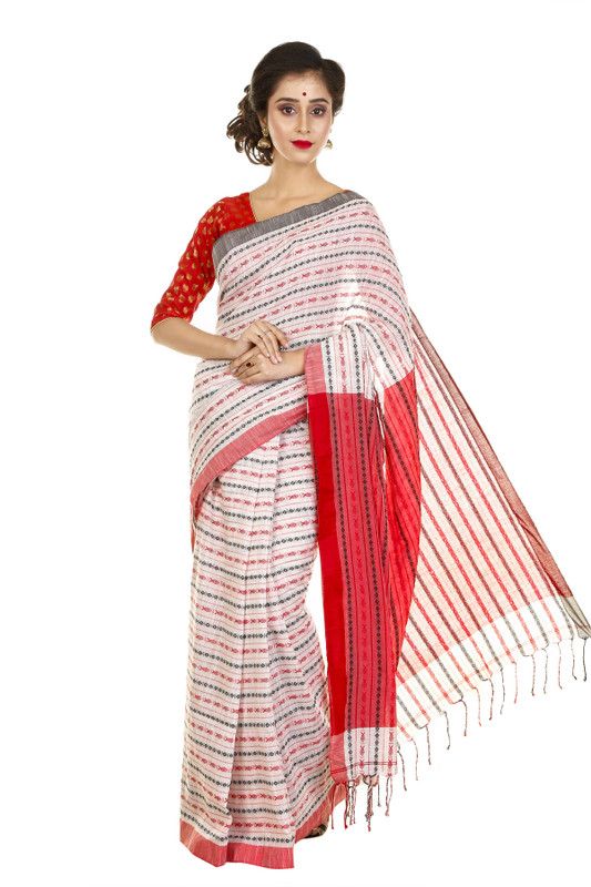 Striped Jamdani Cotton Blend Saree  (Red, White)