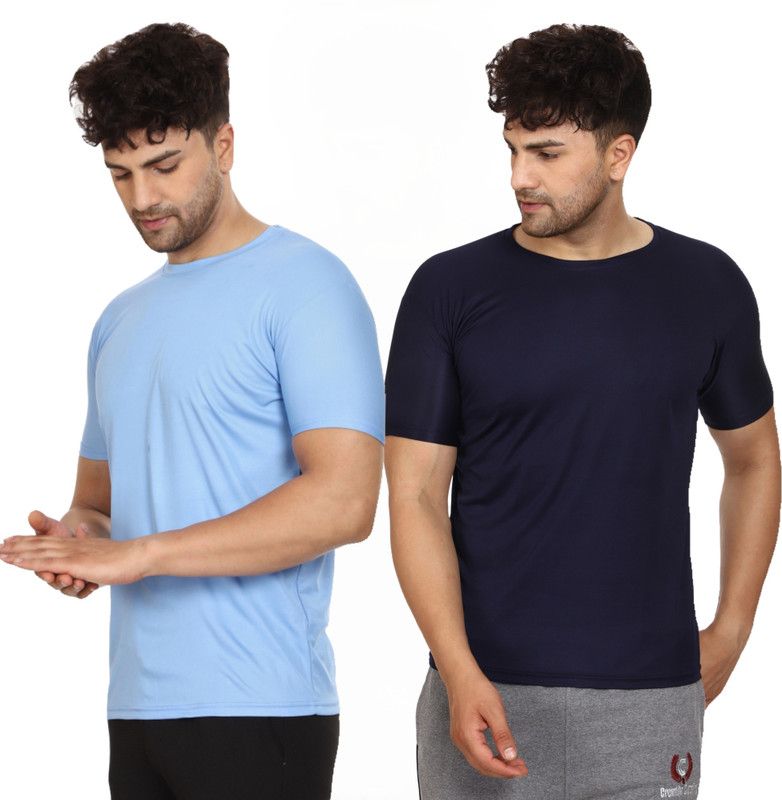 Pack of 2 _COMBO2 Navy Blue & Sky Blue S Men Sporty Round Neck Polyester Light Blue, Blue T-Shirt