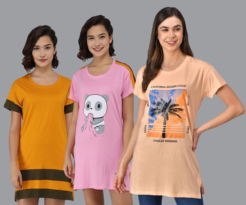 Pack of 3 Women Striped, Graphic Print Round Neck Pure Cotton Multicolor T-Shirt
