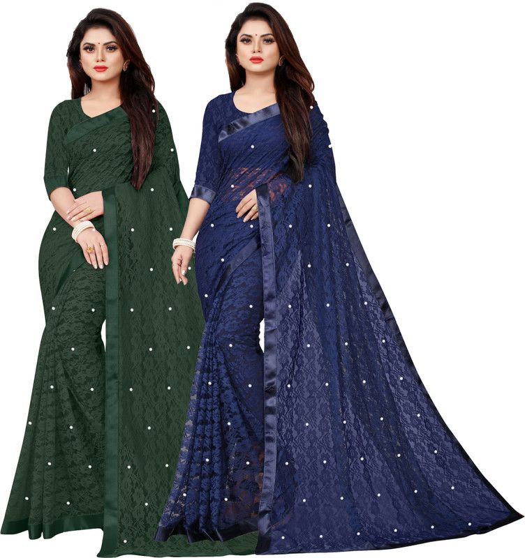 Self Design Bollywood Net Saree  (Green, Dark Blue)