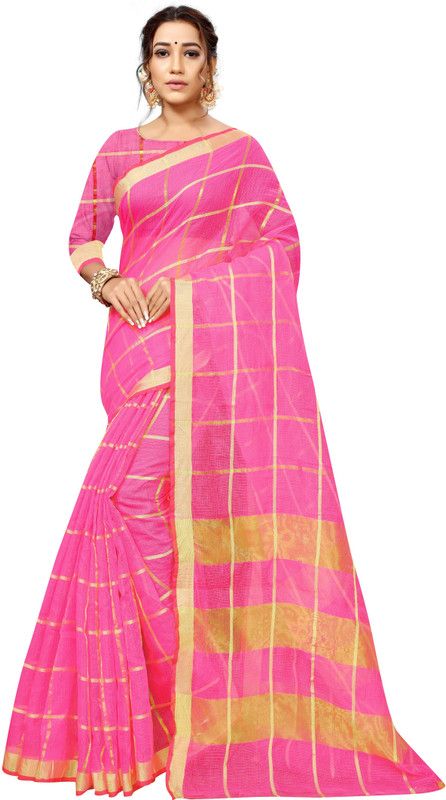 Checkered Kota Doria Silk Blend Saree  (Pink)
