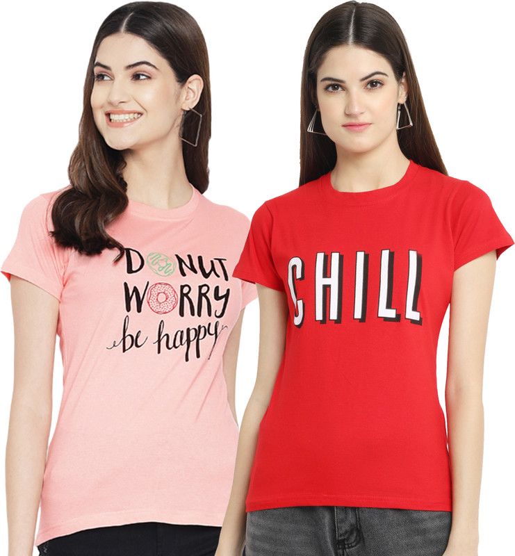 Pack of 2 Women Typography Round Neck Pure Cotton Pink, Red T-Shirt