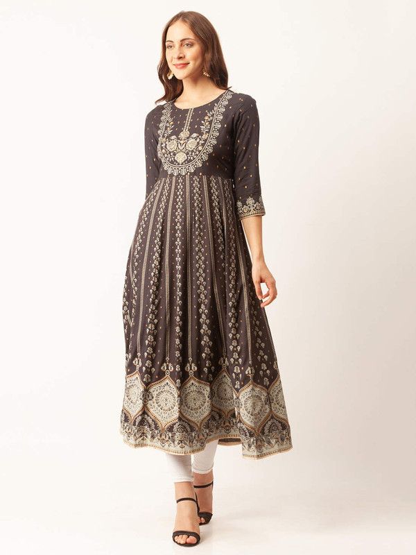 Women Floral Print Cotton Rayon Flared Kurta  (Grey)