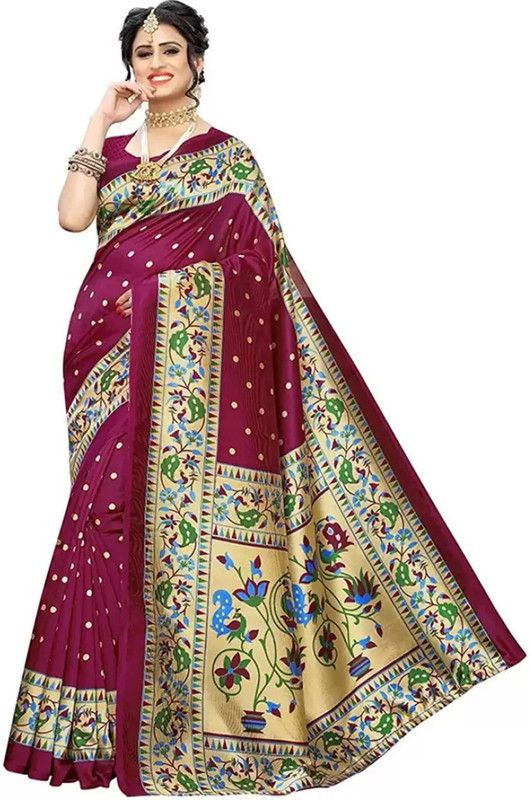 Printed Assam Silk Art Silk Saree  (Maroon)