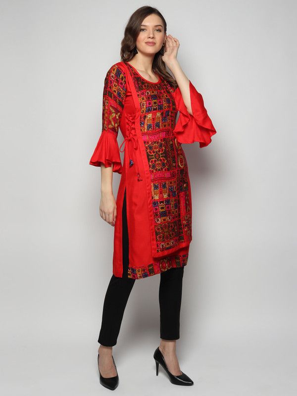 Women Ikat Viscose Rayon Straight Kurta  (Red)