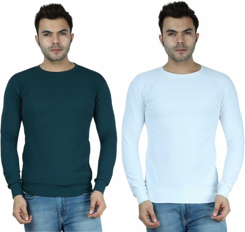 Men Solid Round Neck Poly Cotton Green, White T-Shirt