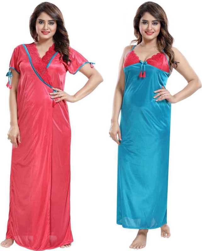 Pack of 2 Women Nighty with Robe  (Yellow, Blue)