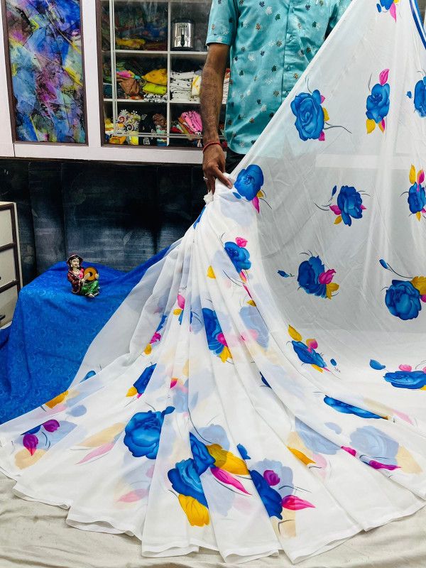 Printed Fashion Georgette Saree  (White, Blue)