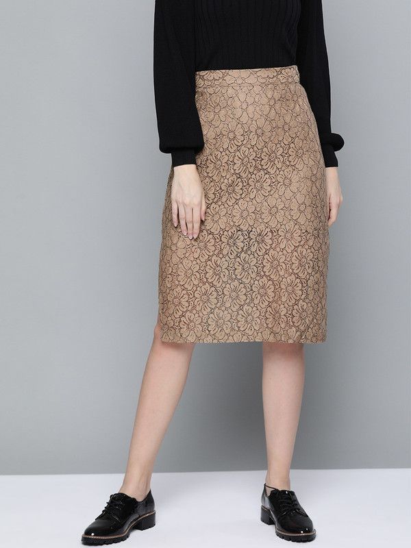 Women Floral Print Straight Beige Skirt