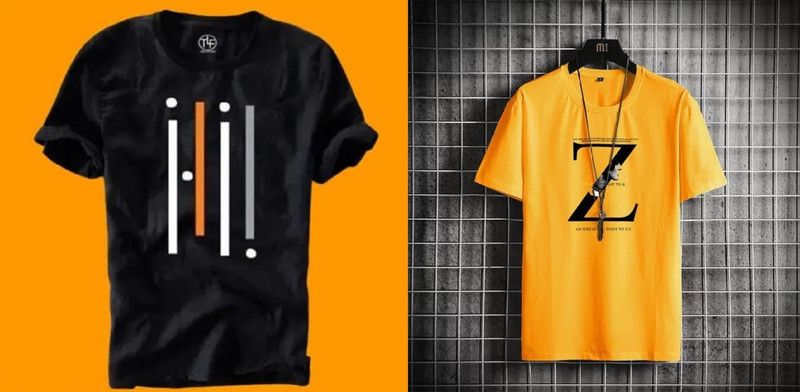 Pack of 2 Men Printed Round Neck Cotton Blend Black, Yellow T-Shirt