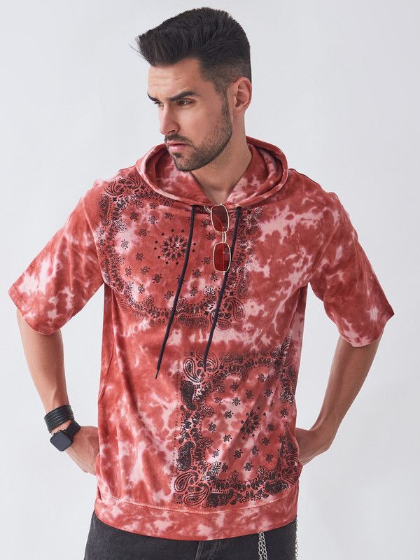 Men Tie & Dye Hooded Neck Pure Cotton Orange T-Shirt