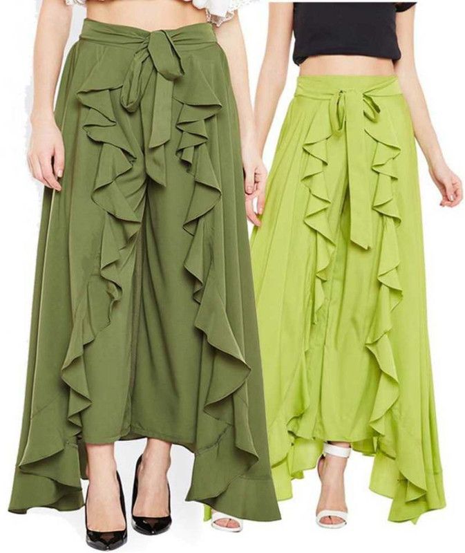 Pack of 2 Women Flared Green, Green Crepe Trousers