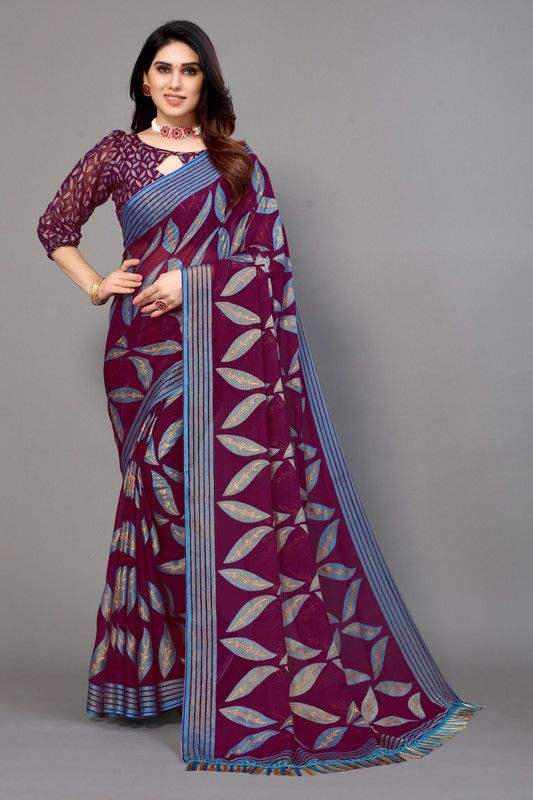 Bollywood Chiffon, Brasso Saree  (Purple, Light Blue)