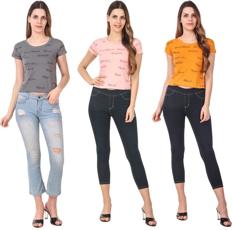 Pack of 3 Women Printed Round Neck Cotton Blend Pink, Black, Orange T-Shirt