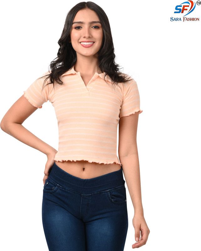 Casual Regular Sleeves Striped Women Pink Top