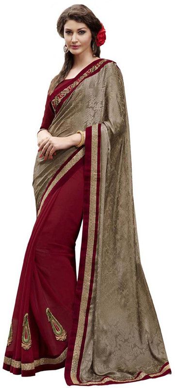 Self Design Bollywood Georgette, Cotton Blend Saree  (Brown, Maroon)