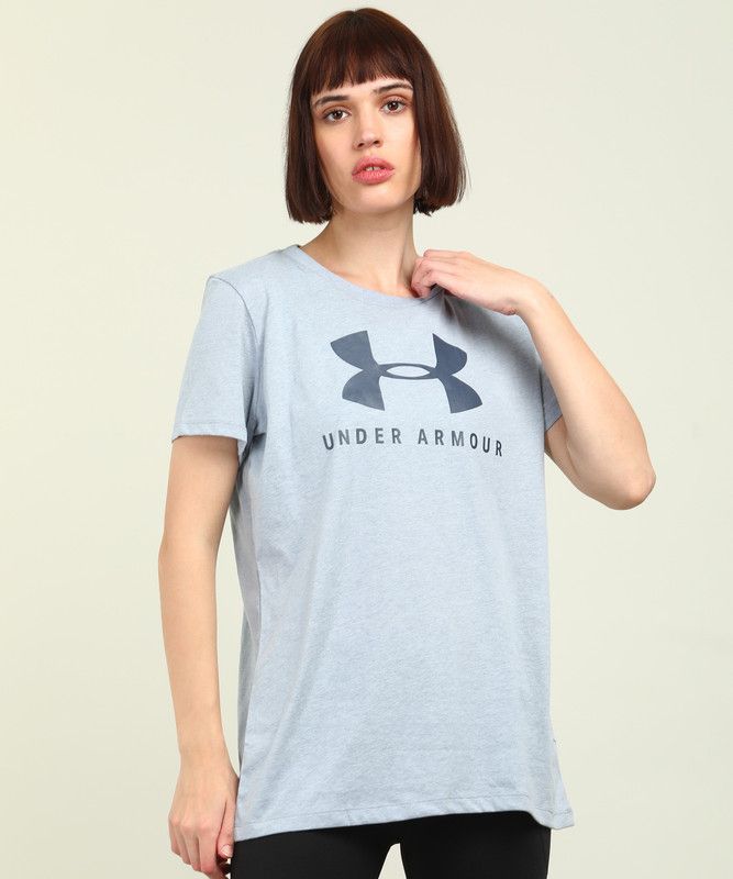 Women Printed Round Neck Cotton Blend Blue T-Shirt