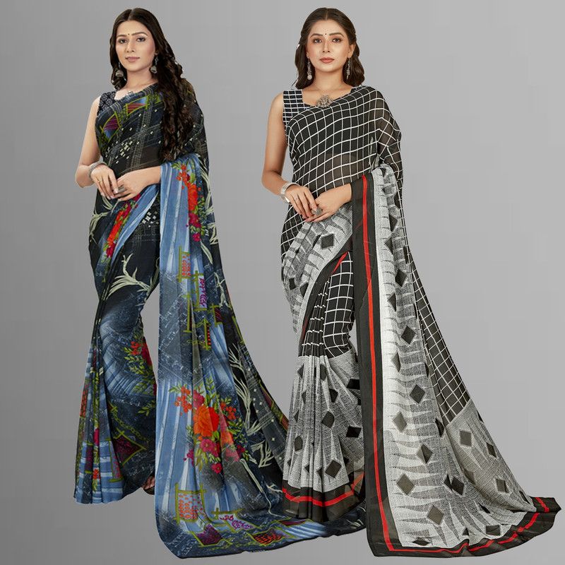 Printed Daily Wear Georgette Saree  (Pack of 2, Multicolor, Grey)