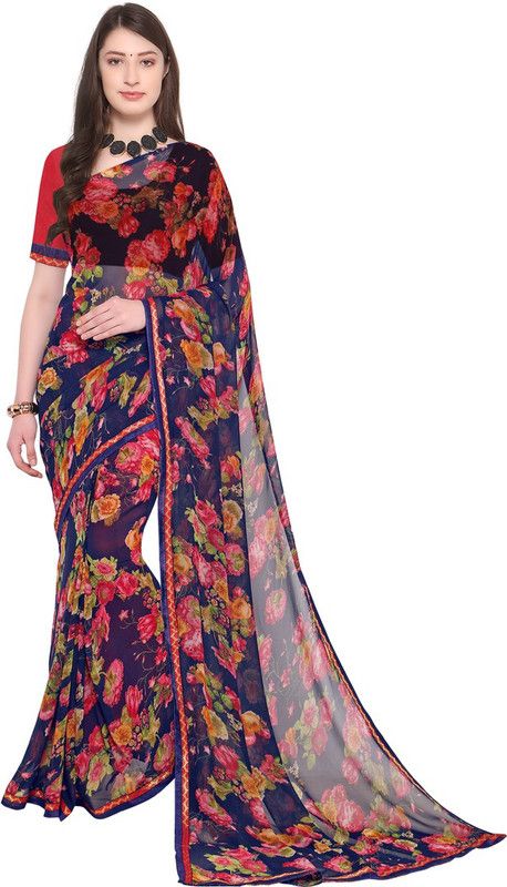 Floral Print Bollywood Georgette, Chiffon Saree  (Dark Blue)