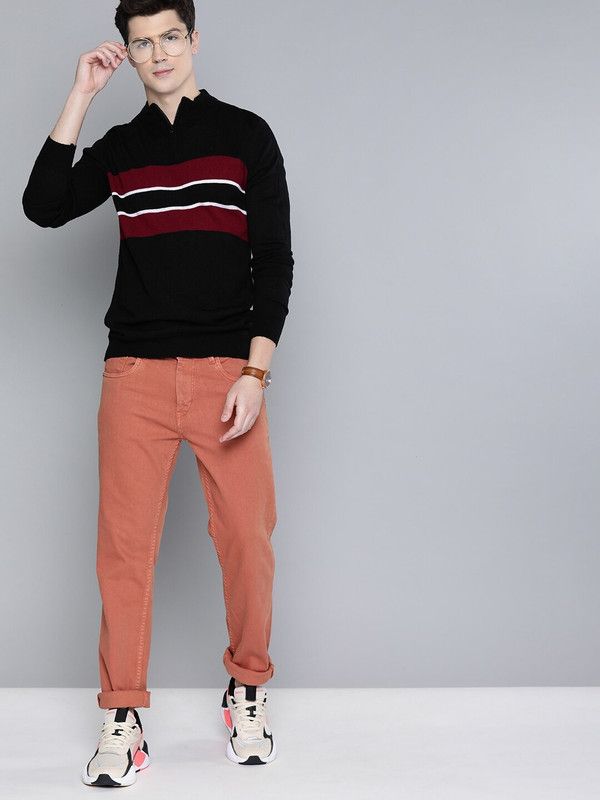 Men Striped Round Neck Black Sweater