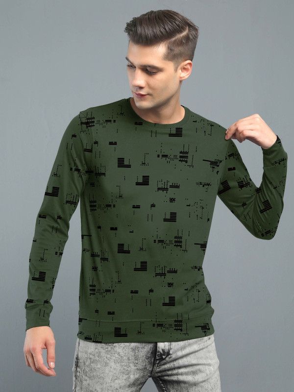 Men Printed Round Neck Pure Cotton Dark Green, Black T-Shirt