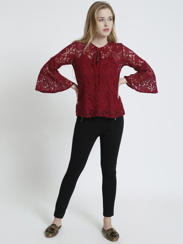 Casual Bell Sleeves Lace Women Maroon Top