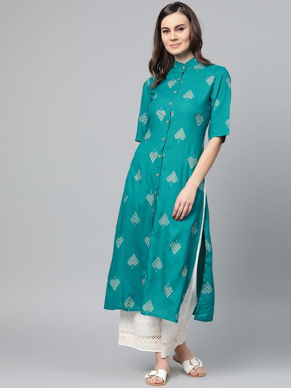 Women Geometric Print Pure Cotton Straight Kurta  (Light Green)