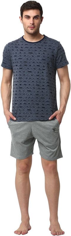 Men Dark Blue, Grey Night Suit Set