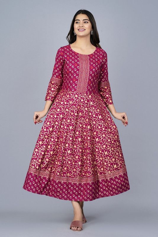 Women Printed Cotton Rayon Anarkali Kurta  (Maroon)