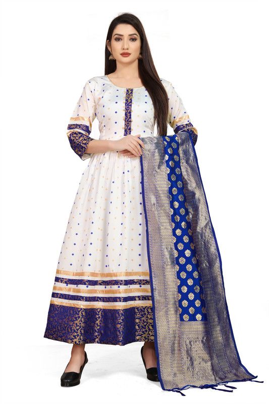 Self Design Jacquard Stitched Flared/A-line Gown  (White)