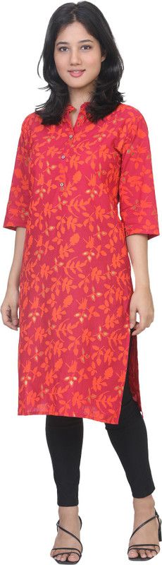 Women Printed Pure Cotton Straight Kurta  (Pink, Orange)