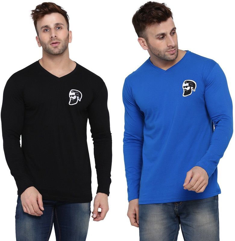 Pack of 2 Faizaan Men Solid V Neck Cotton Blend Blue, Black T-Shirt