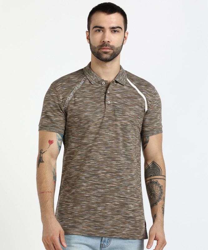 Men Self Design Polo Neck Poly Cotton Green, Brown T-Shirt