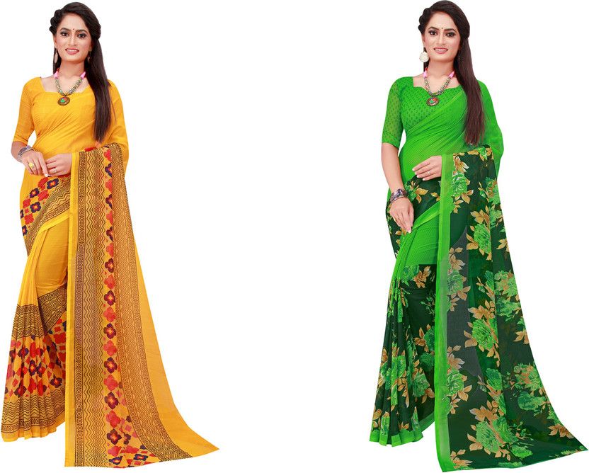 Printed Daily Wear Georgette Saree  (Pack of 2, Green, Yellow)