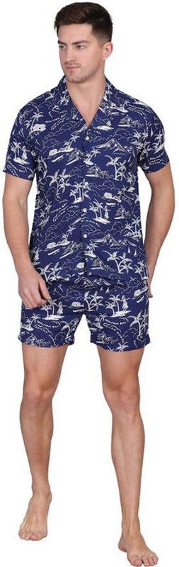 Men Night Suit Set Blue Conversational