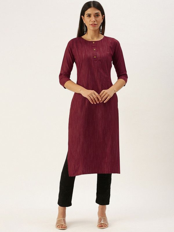 Women Striped Pure Cotton Straight Kurta  (Maroon)