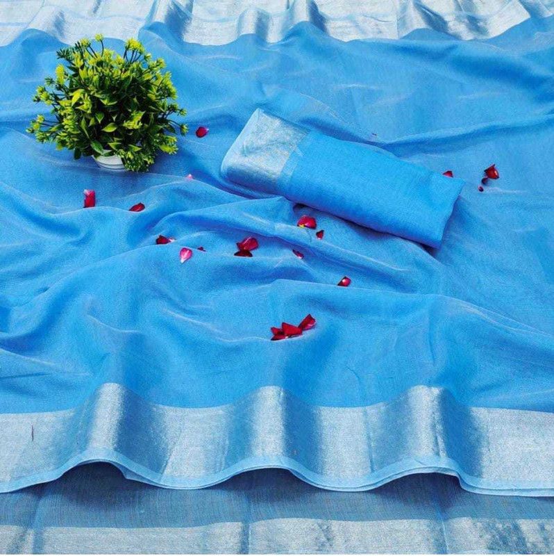 Solid Bollywood Cotton Blend Saree  (Light Blue)