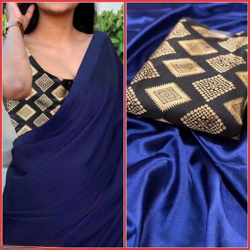 Solid/Plain Bollywood Silk Blend Saree  (Dark Blue)