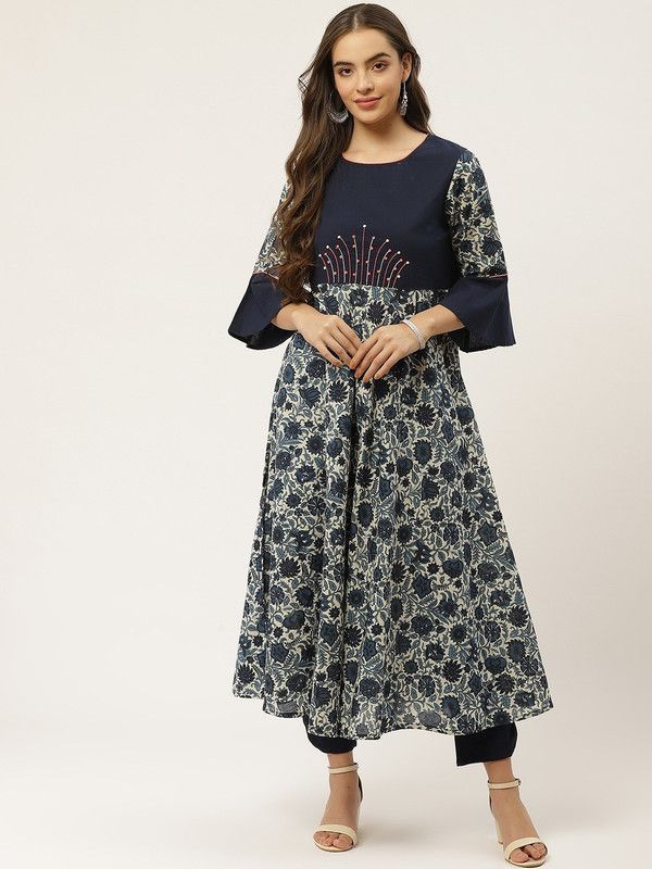 Women Floral Print Pure Cotton Anarkali Kurta  (White, Blue)