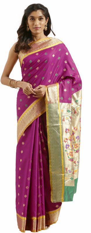 Woven, Embellished Banarasi Silk Blend Saree  (Purple, Green)
